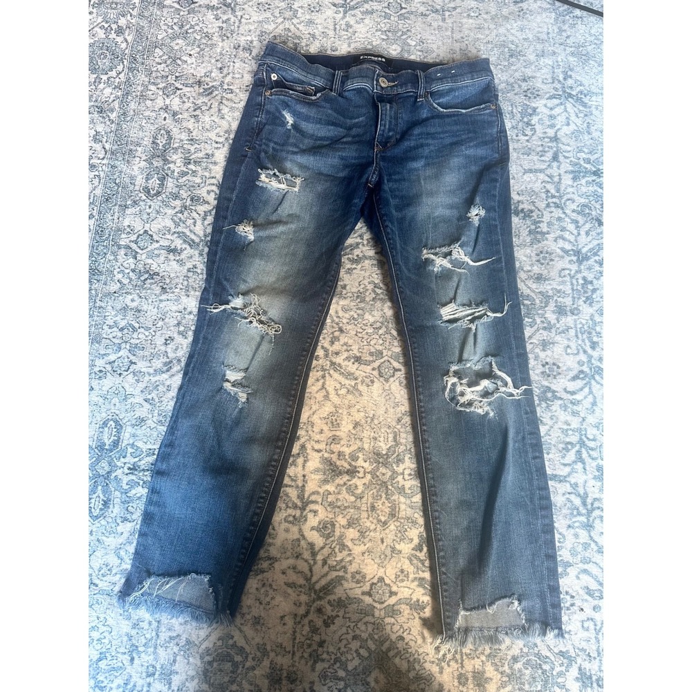 Express Womens Distressed Skinny Jeans Dark Wash Raw Hem Ripped Denim Size 8